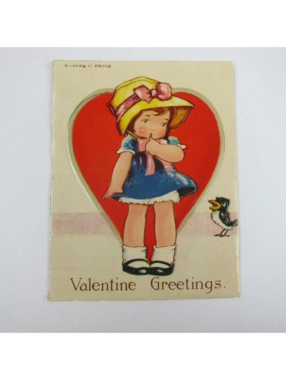 Vintage Valentine Card Cutout Stand Up Girl Straw Hat Blue Dress Bird UNSIGNED